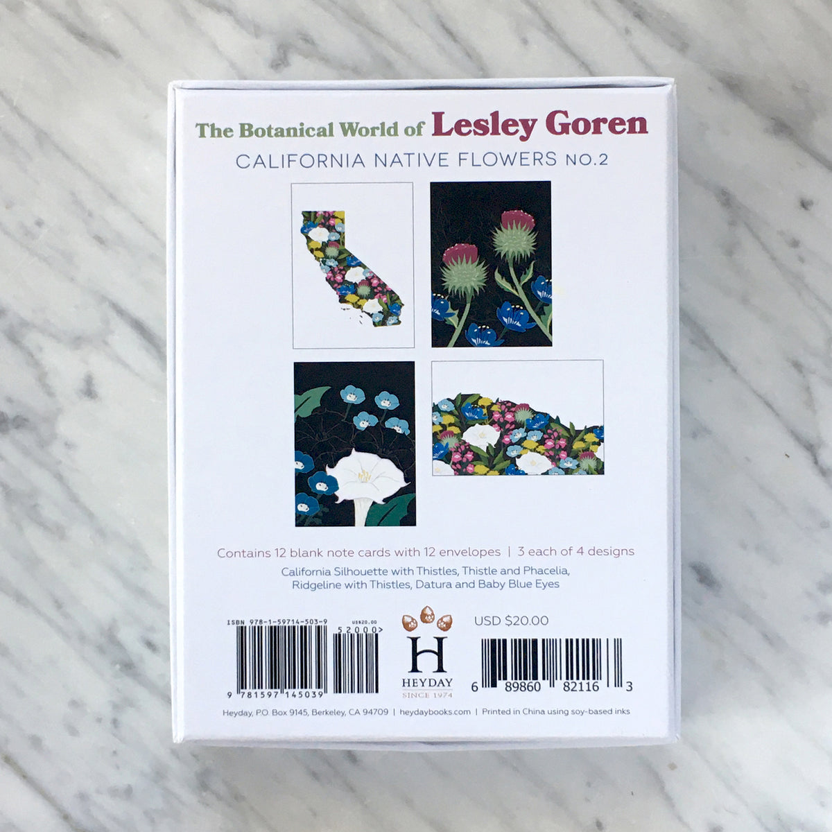 The Botanical World of Lesley Goren No. 2 Boxed Notecard Set, back view, featuring native California plants in beautiful gift box