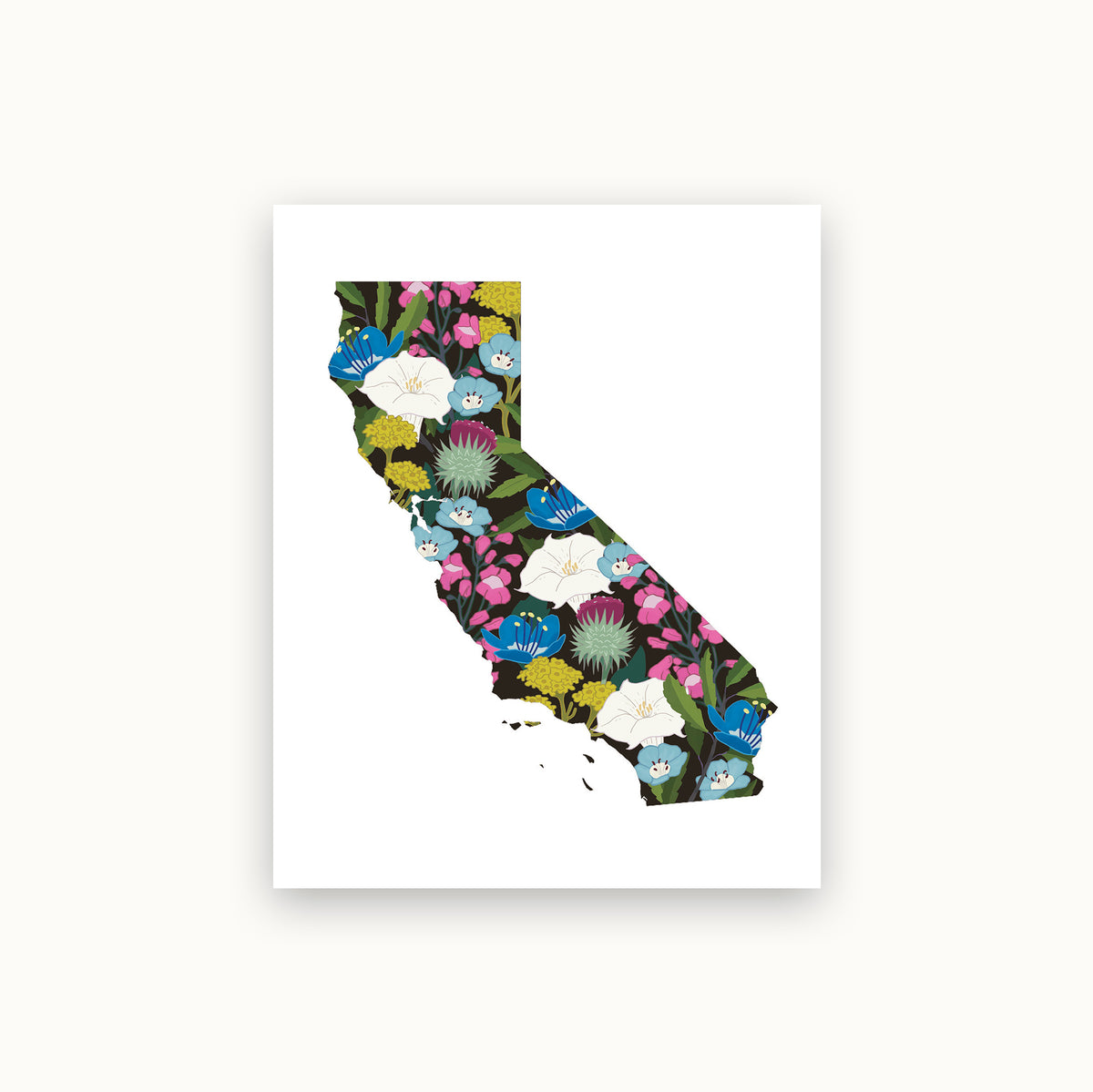 Notecard featuring vibrant wildflowers against a California map.