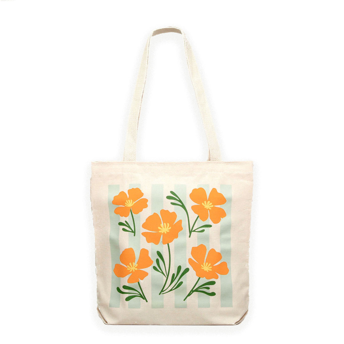 canvas tote made in USA with California Poppies and sage green stripes