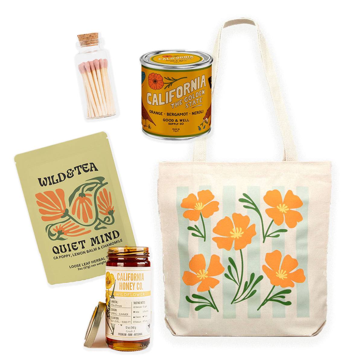 Golden Hour Gift Bundle / Tote, Tea, Honey, Candle & Matches