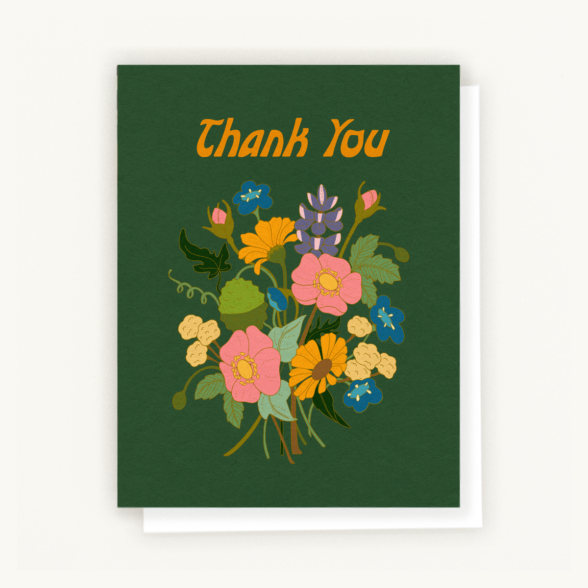 Golden Thank You Card featuring elegant California-inspired bouquet