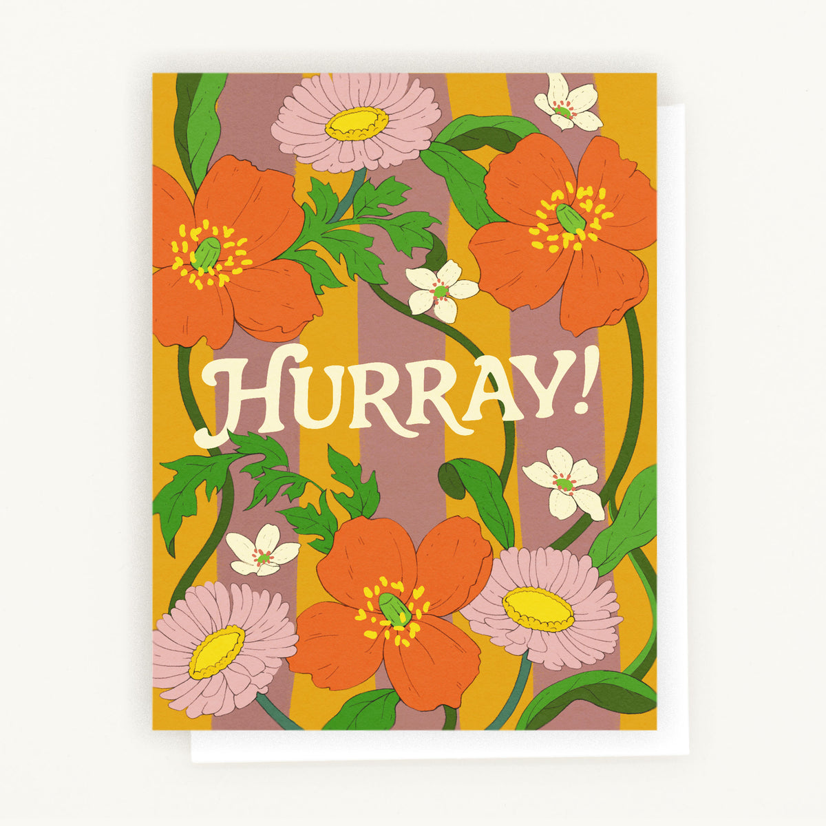 Greeting card with bold retro-style lettering that says “HURRAY!” surrounded by bright red fire poppies, soft purple seaside daisies, and small white wildflowers with a striped golden yellow and mauve background.