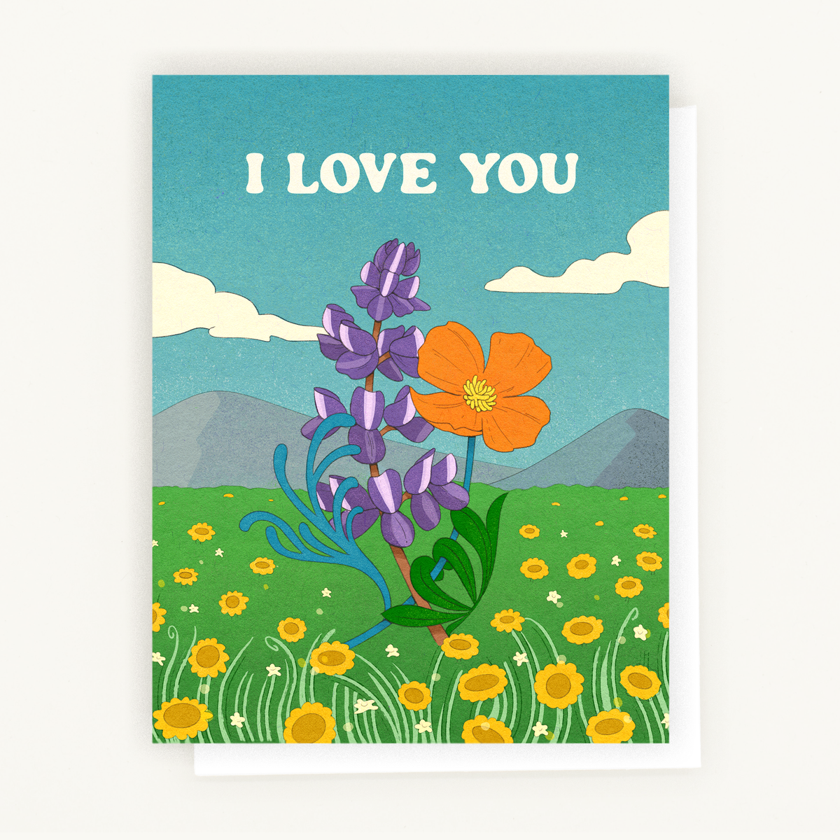 I Love You Valentine’s Card with botanical illustration of Arroyo Lupine and California Poppy.