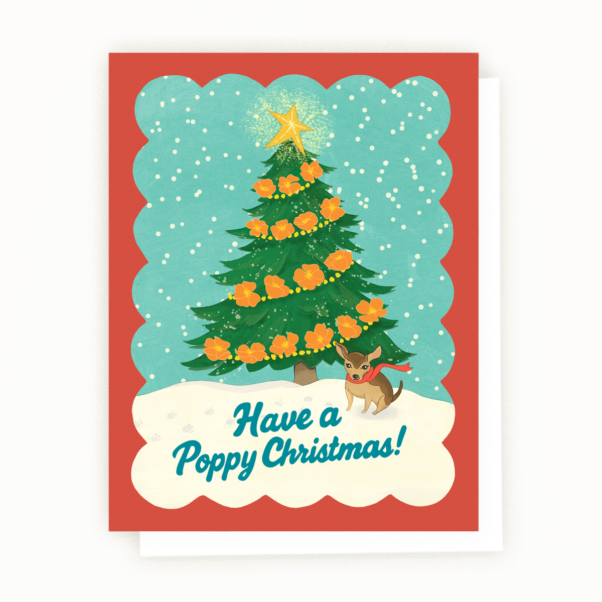 A holiday greeting card with the phrase “Have a Poppy Christmas!” featuring a Christmas tree decorated with bright orange California poppies, a golden star on top, and a small dog at the base.