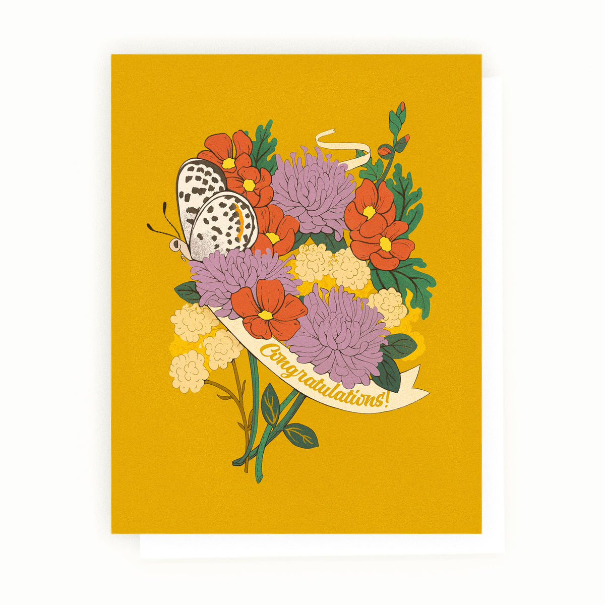 Greeting card featuring a bouquet of California wildflowers—including Apricot Mallow, Coyote Mint, and California Buckwheat—with a white butterfly and a ribbon that reads “Congratulations!” on a golden yellow background.