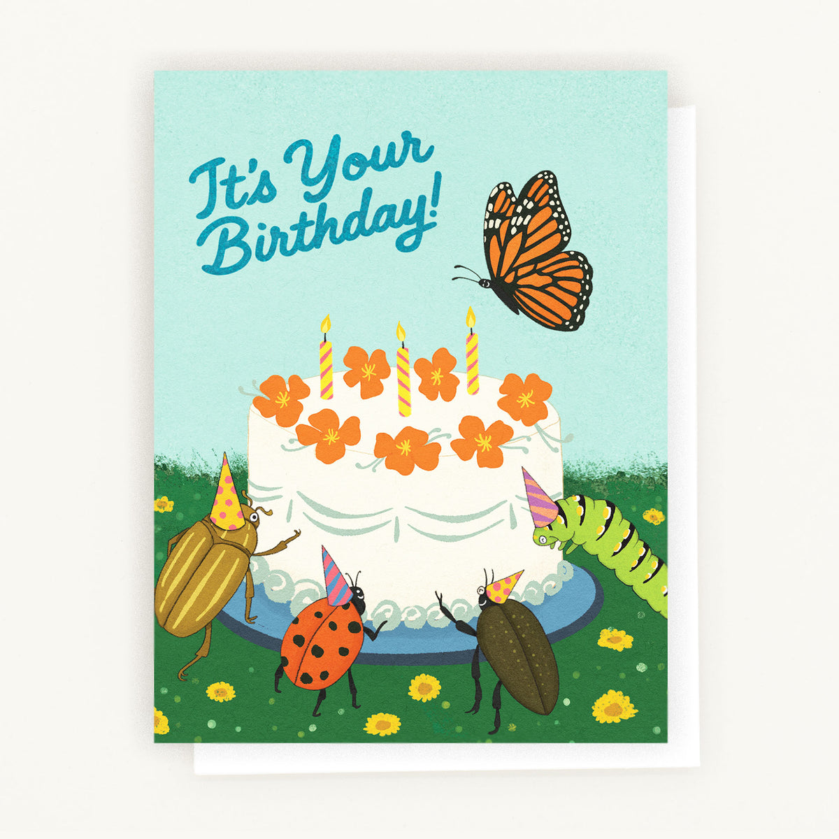 Birthday card with insects around a cake and monarch butterfly, on a light blue background.