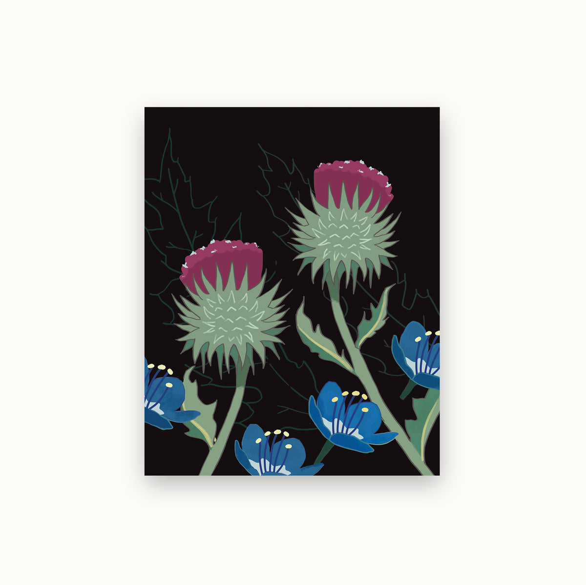 Illustrated notecard featuring California thistles with bold colors and a dark background.