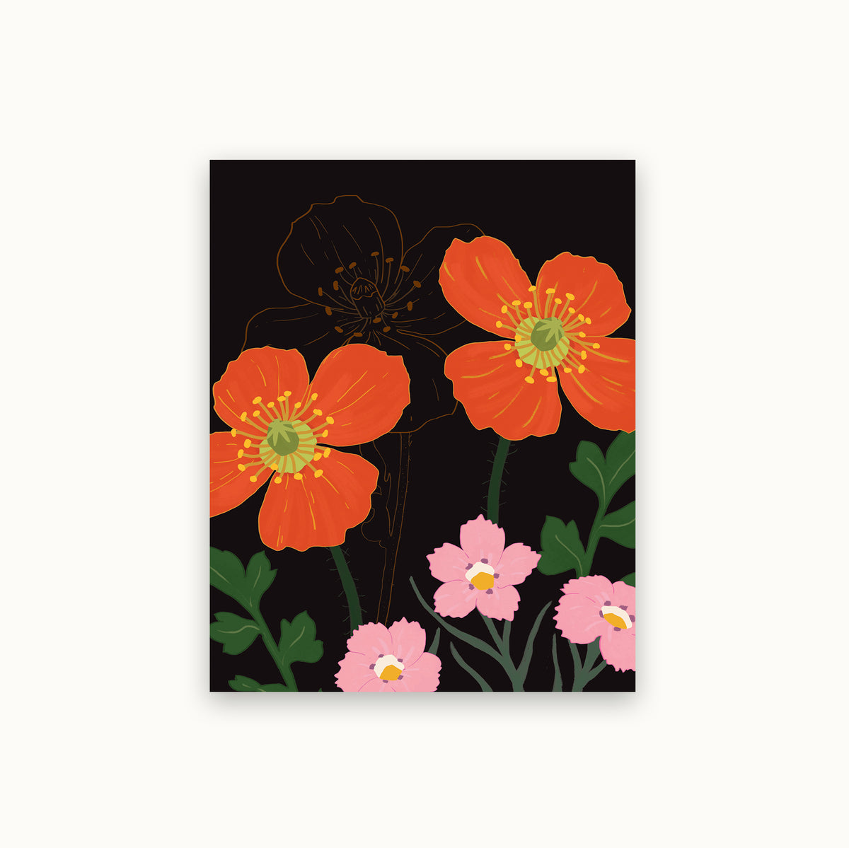 Notecard featuring vibrant red and pink wildflowers against a deep black background for striking contrast.