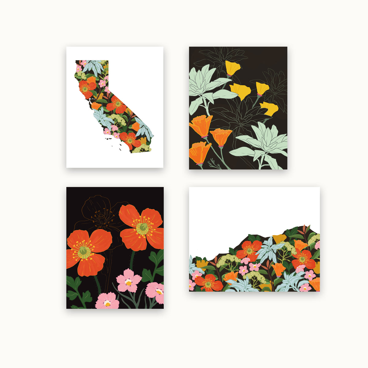 Set of four botanical notecards featuring California native wildflowers, including poppies and white sage.