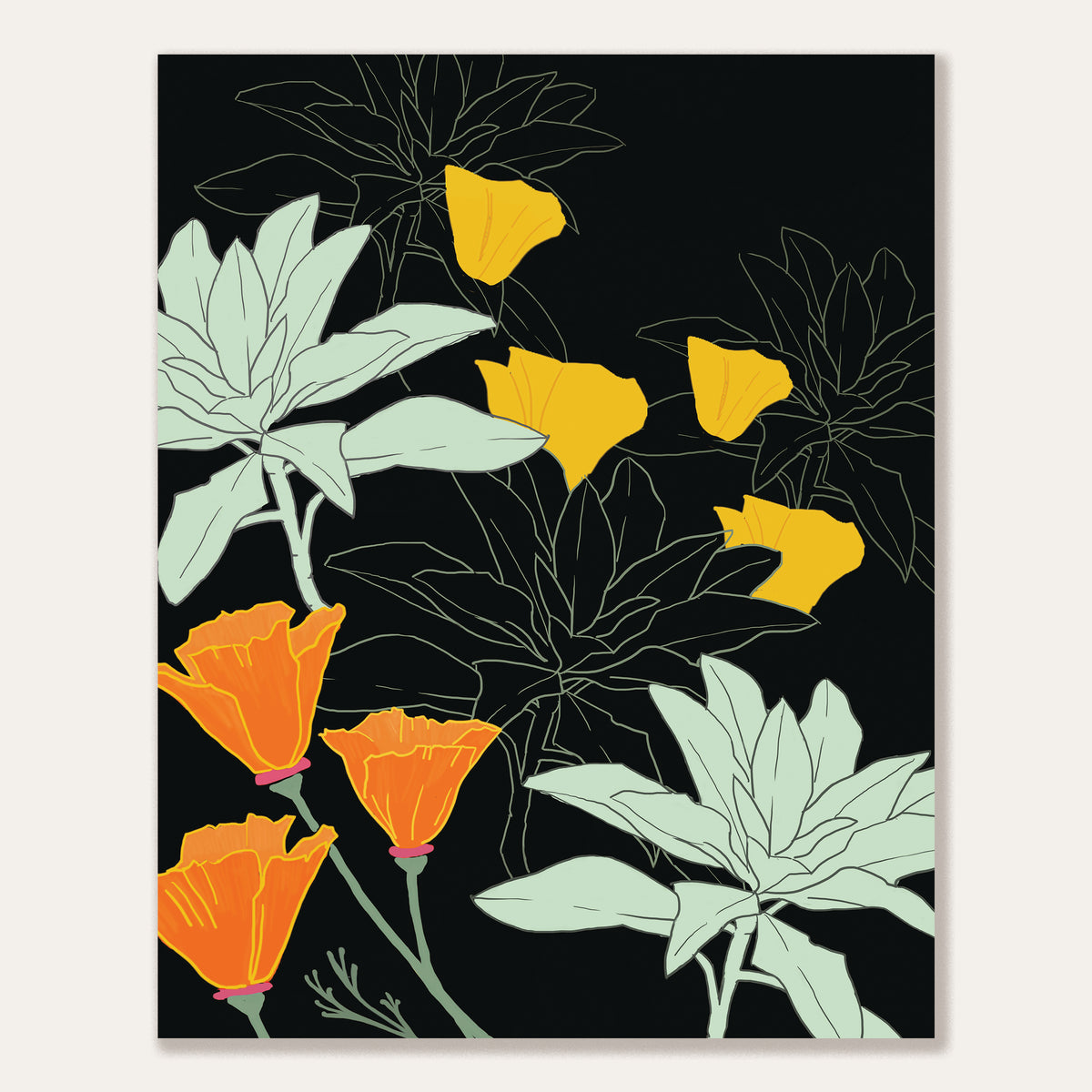 Close-up of the Poppies & White Sage Art Print, showcasing vibrant golden poppies and soft white sage leaves.