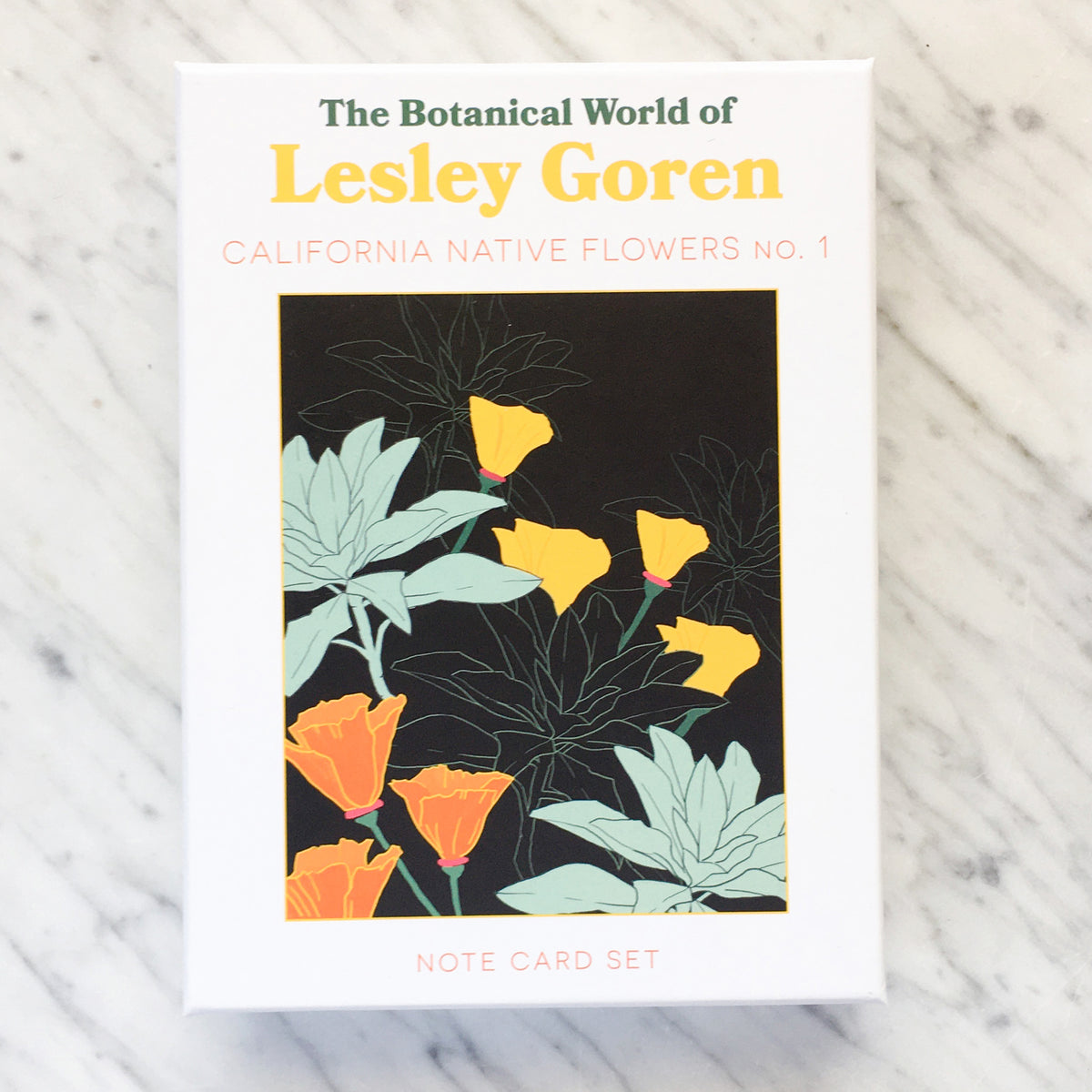 Botanical World of Lesley Goren No. 1 Boxed Notecard Set featuring California wildflowers in eco-friendly packaging.