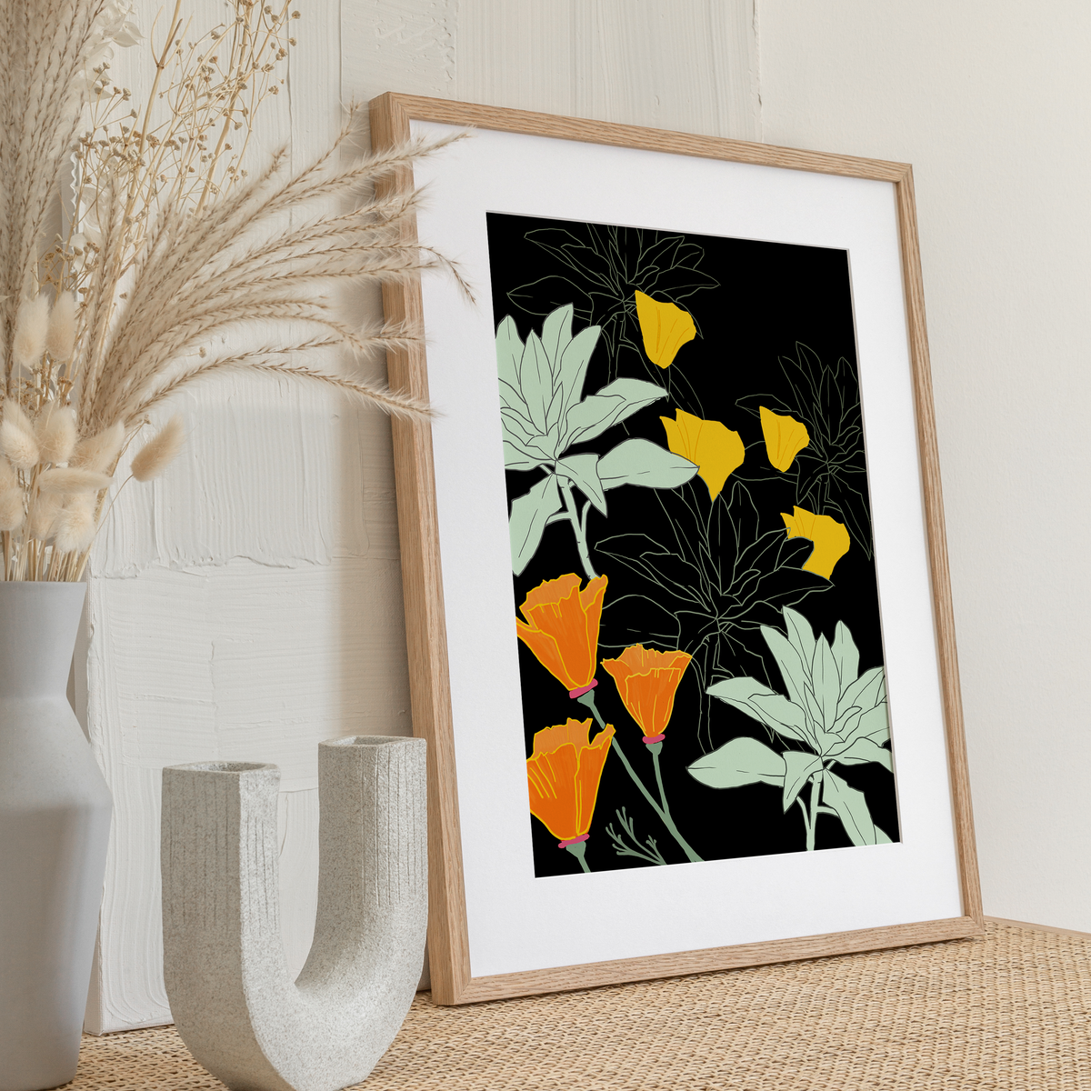 Wall poster of Poppies & White Sage Art Print with golden California poppies and white sage leaves, perfect for botanical decor lovers.
