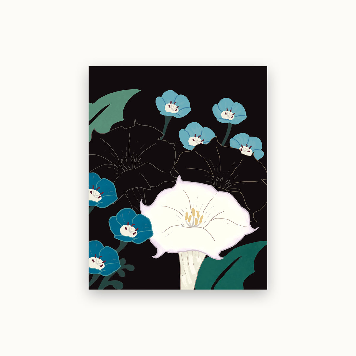 Notecard design featuring datura and baby blue eyes, printed on luxury paper.