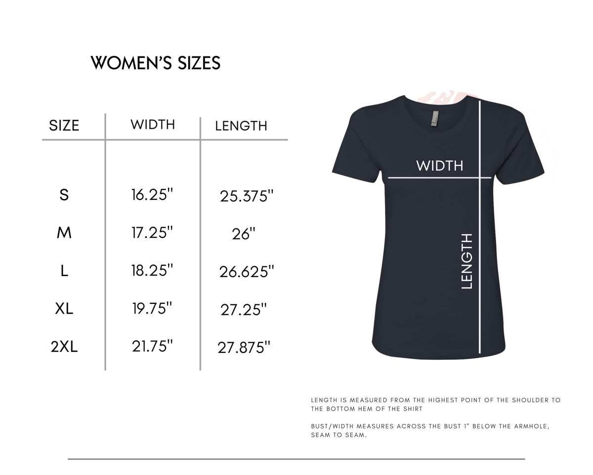 Size chart for Women's Death to Black Mustard T-shirt