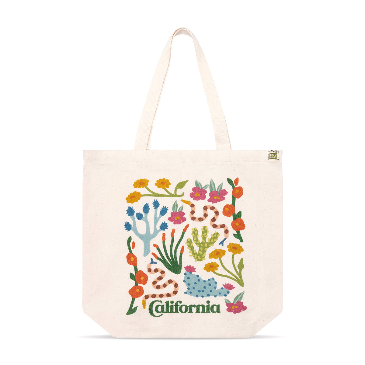 Front view of the Desert Flora Tote featuring vibrant illustrations of California’s native desert flowers on cotton fabric.