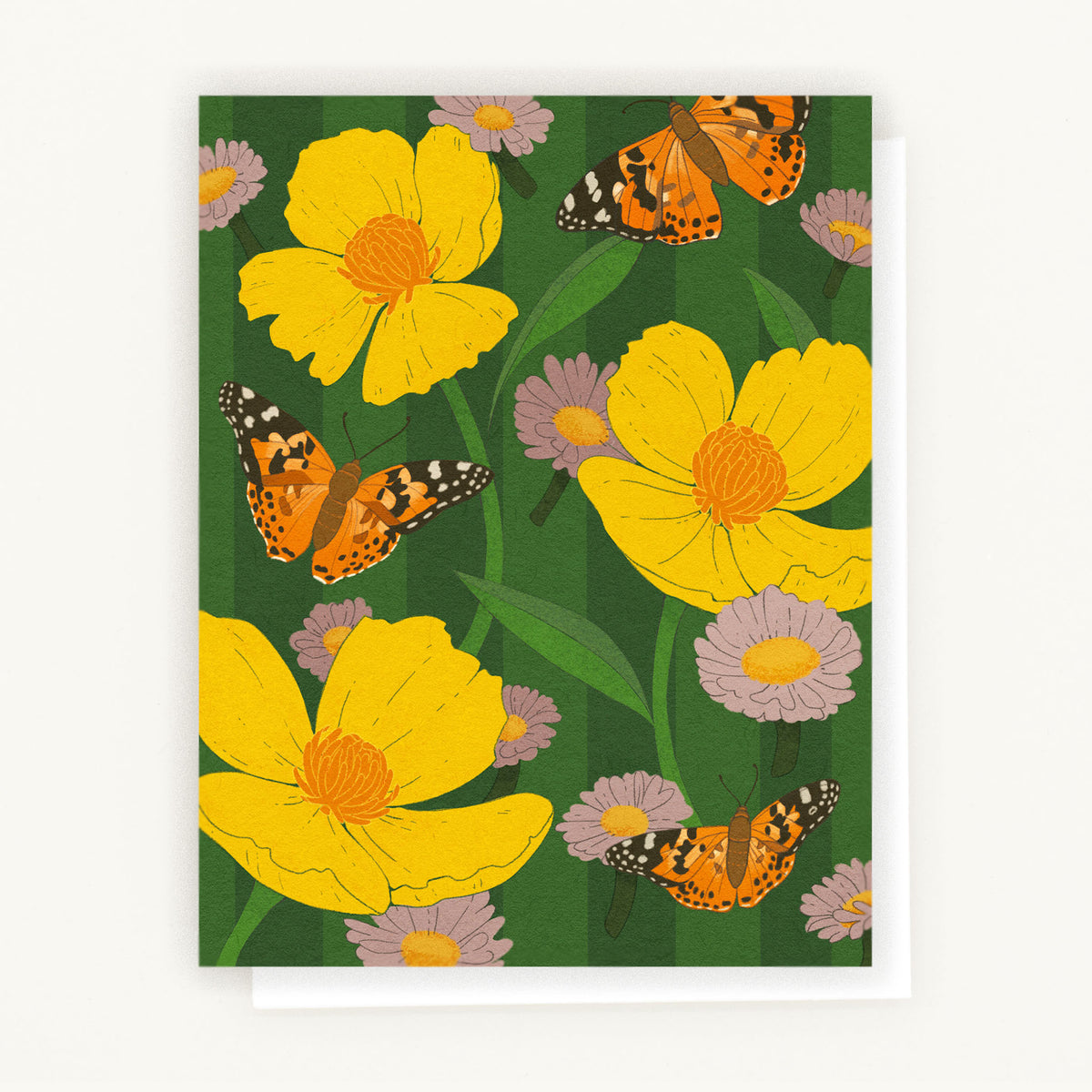 Greeting card with illustrated golden bush poppies, pink seaside daisies, and painted lady butterflies on a green background. Printed on recycled paper.