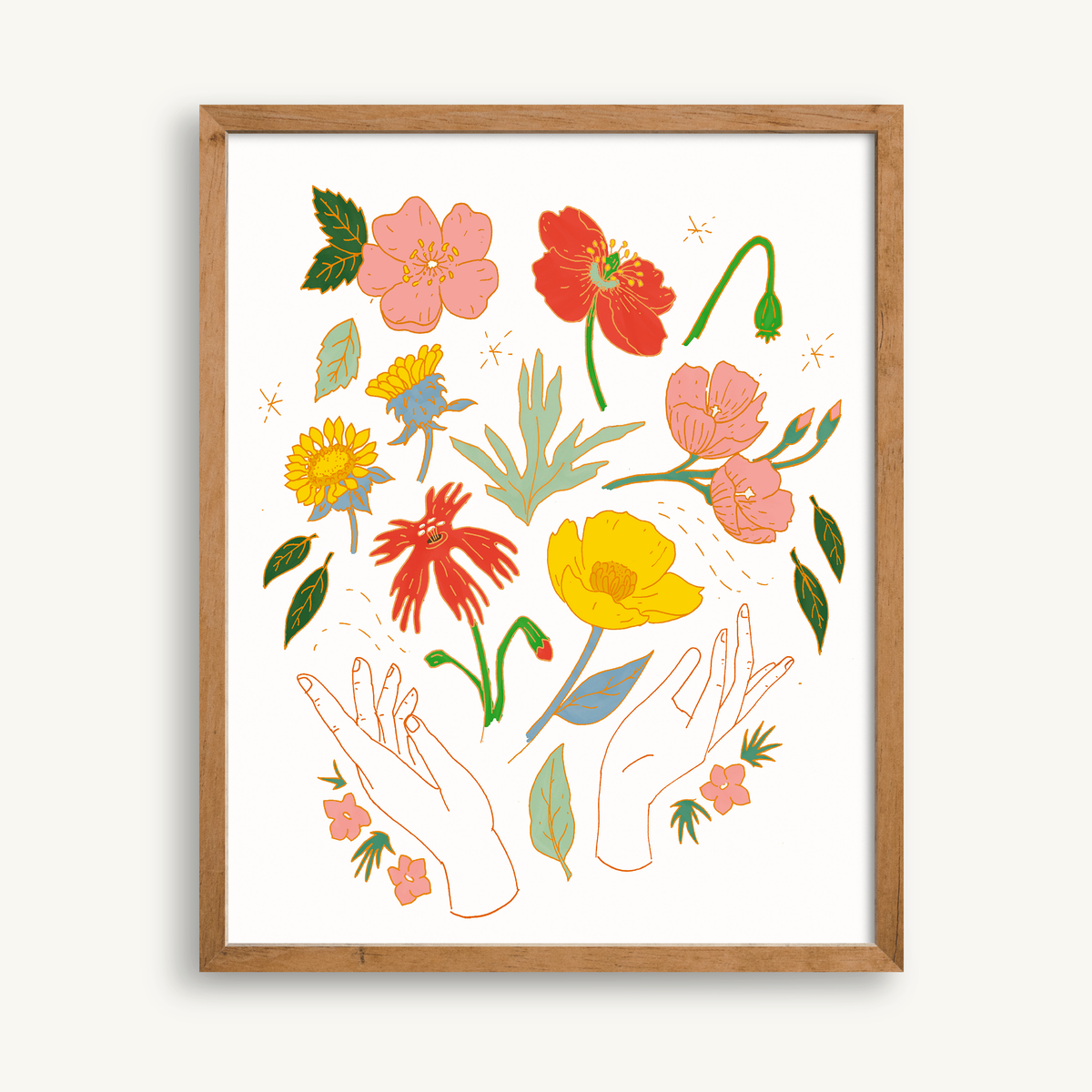 Art print featuring delicate illustrations of California native wildflowers and hands, unframed