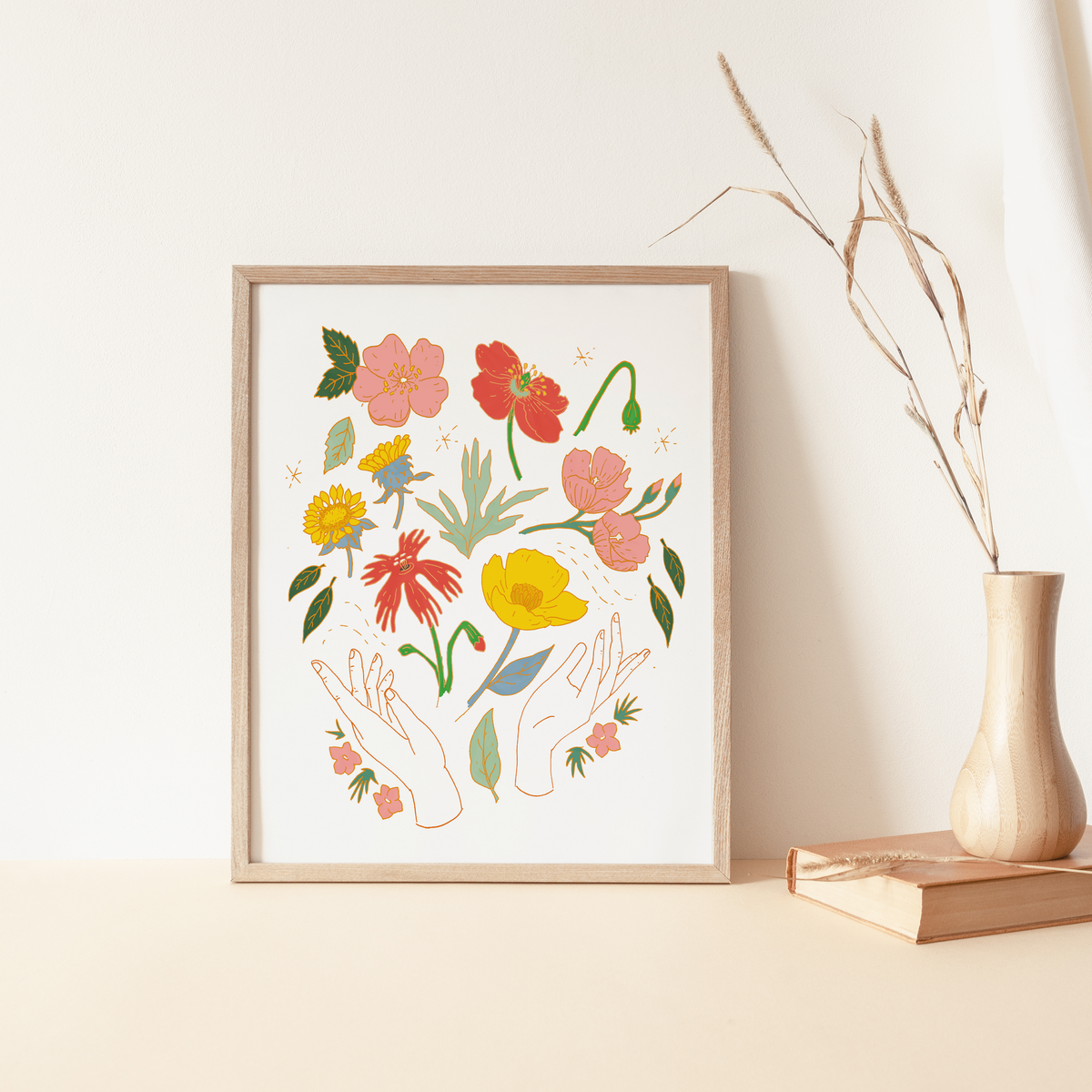 Hands Art Print styled as wall decor, showcasing soft botanical tones and elegant hand illustrations.