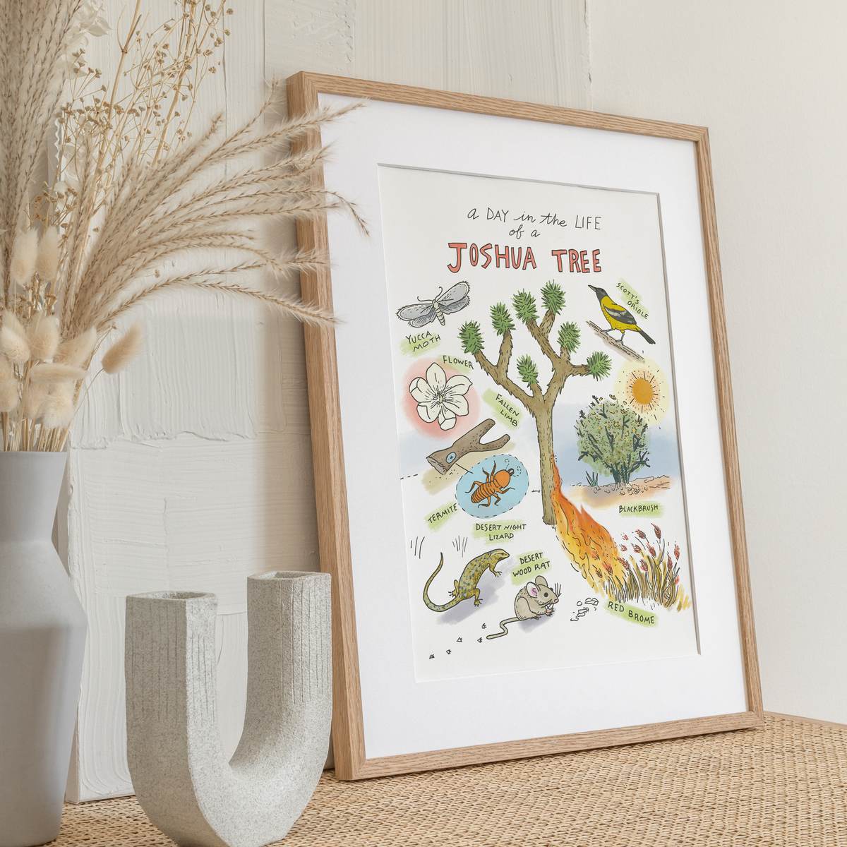Joshua Tree Art Print displayed in a wooden frame, showcasing its eco-friendly design and vibrant desert scene.