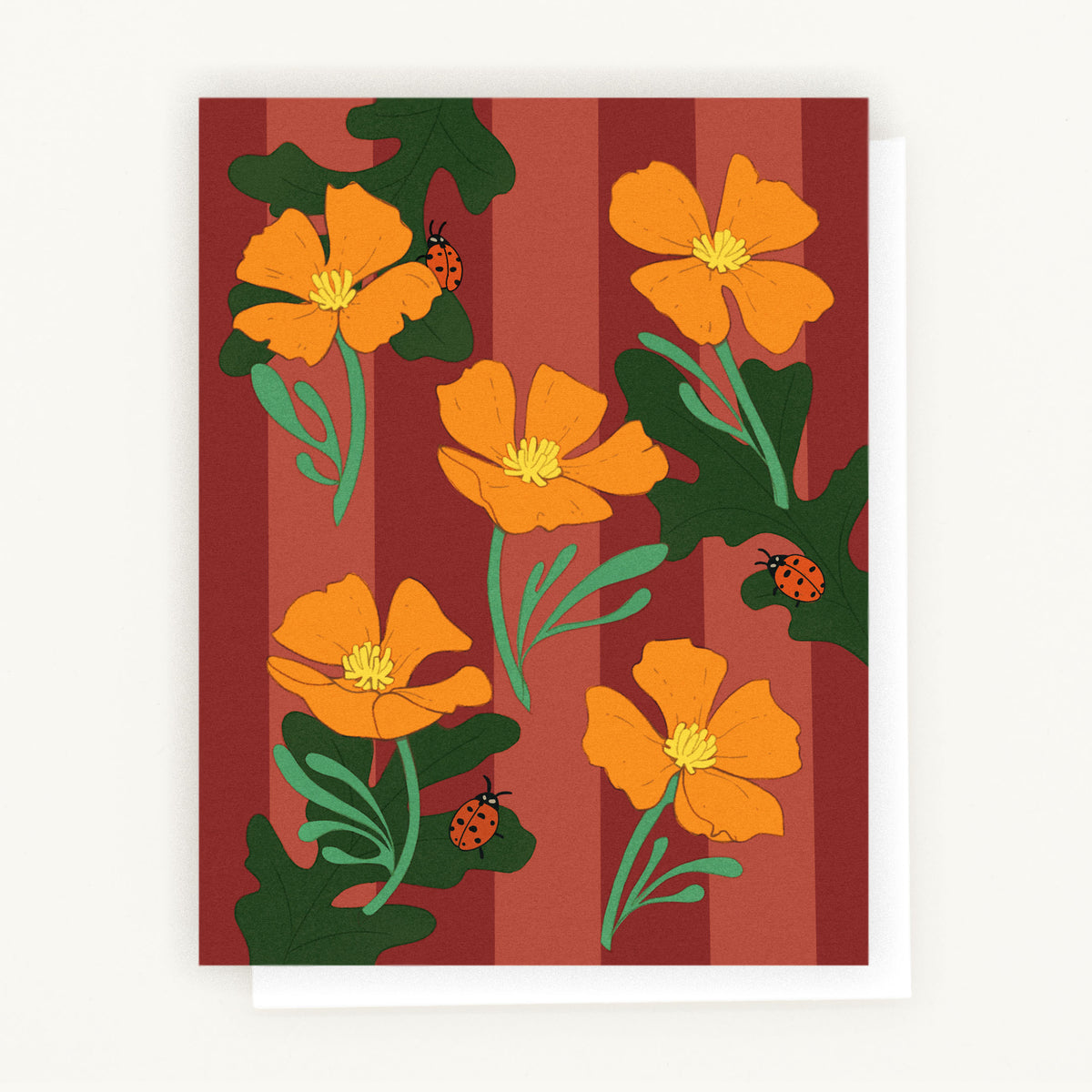 Illustrated notecard featuring bright orange California poppies, deep green oak leaves, and red ladybugs on a warm burgundy striped background.