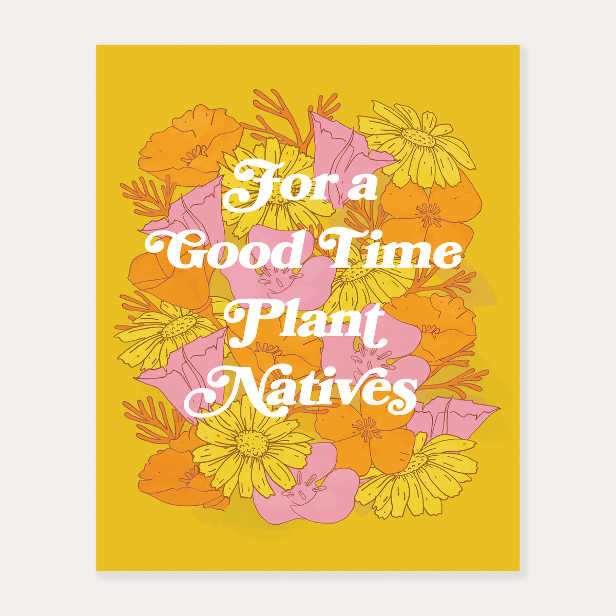 Close-up view of the Plant Natives Art Print, showcasing detailed botanical illustrations of California wildflowers