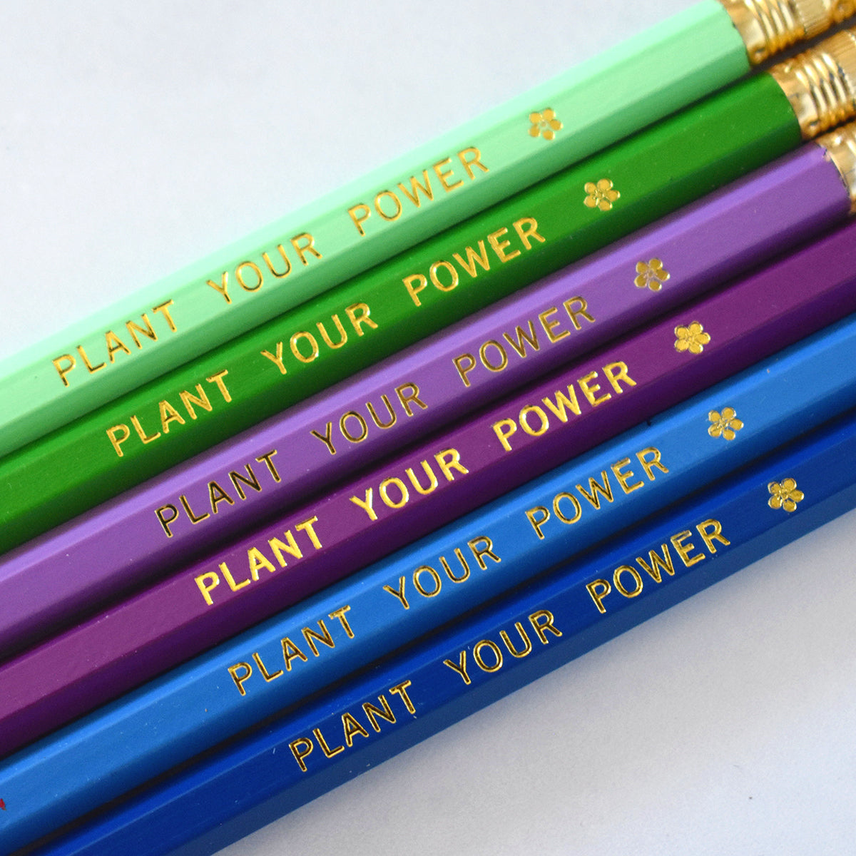 Close-up of colorful hex pencils stamped with “Plant Your Power” in gold foil.
