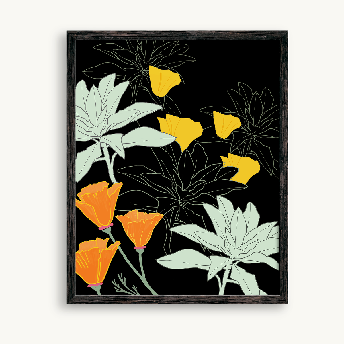 Poppies & White Sage Art Print featuring California native flowers in golden yellow and silvery green on a black background