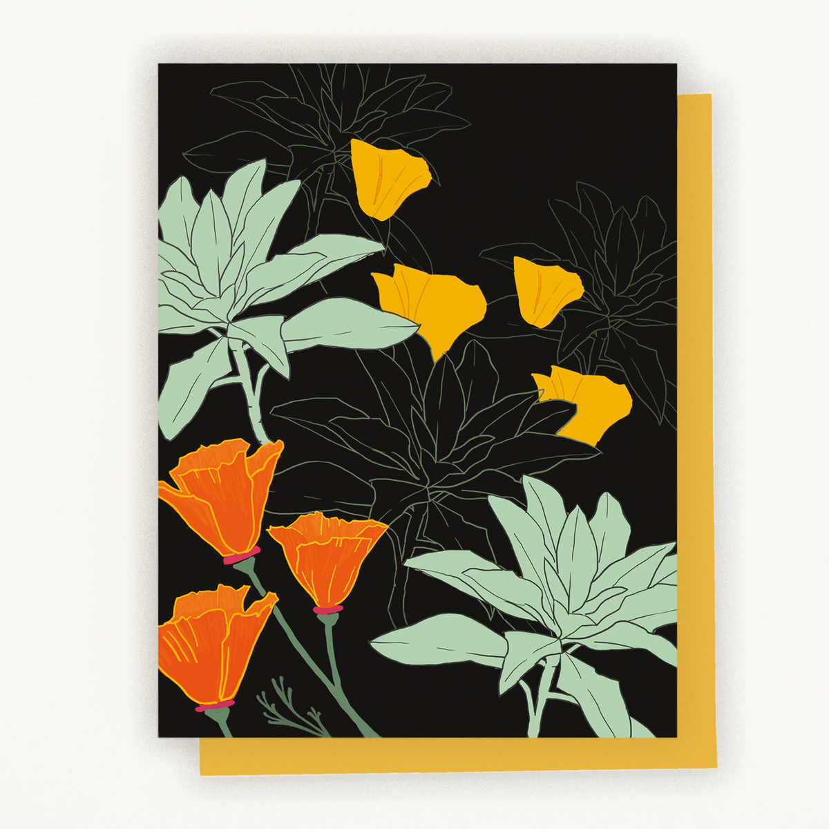 Poppies & White Sage Notecard featuring California native flowers and a graceful botanical illustration.