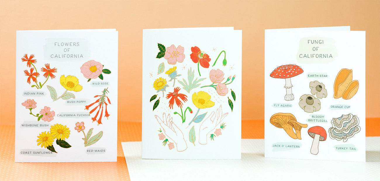 3 greetings cards on the table with illustrations of flowers and fungi of California