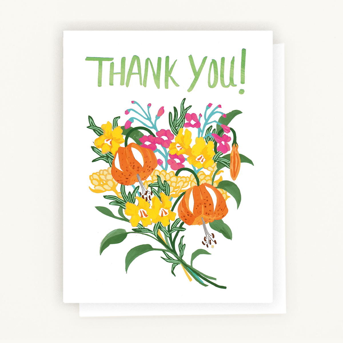 Thank You Notecard featuring a bouquet of California native flowers and green text that says "Thank You!