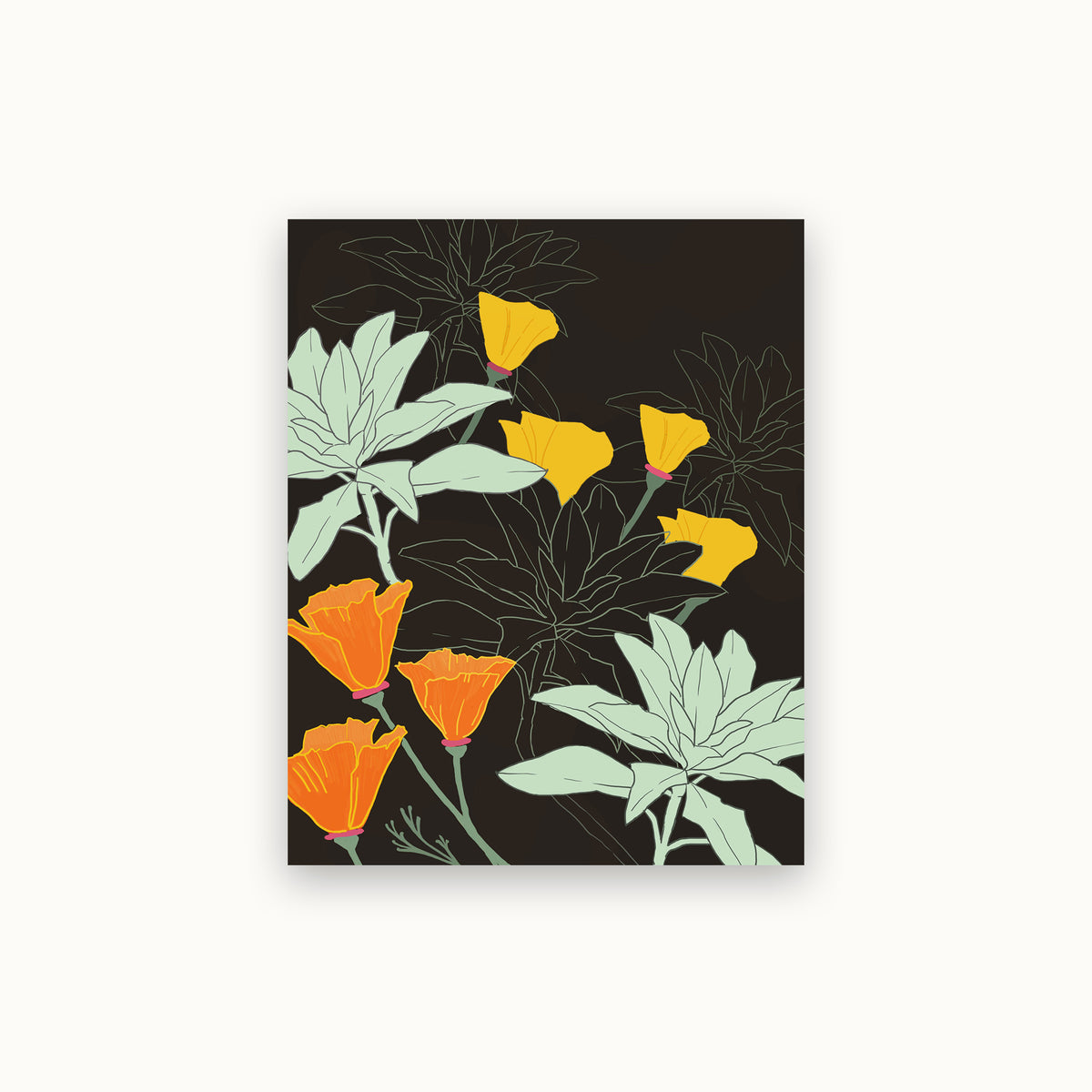 Notecard design featuring white sage and golden California poppies, printed on recycled paper.