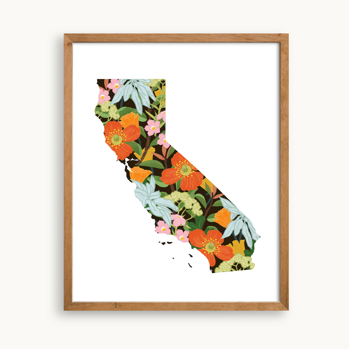 Wild California Art Print featuring vibrant botanical illustrations of native plants within the state’s silhouette.