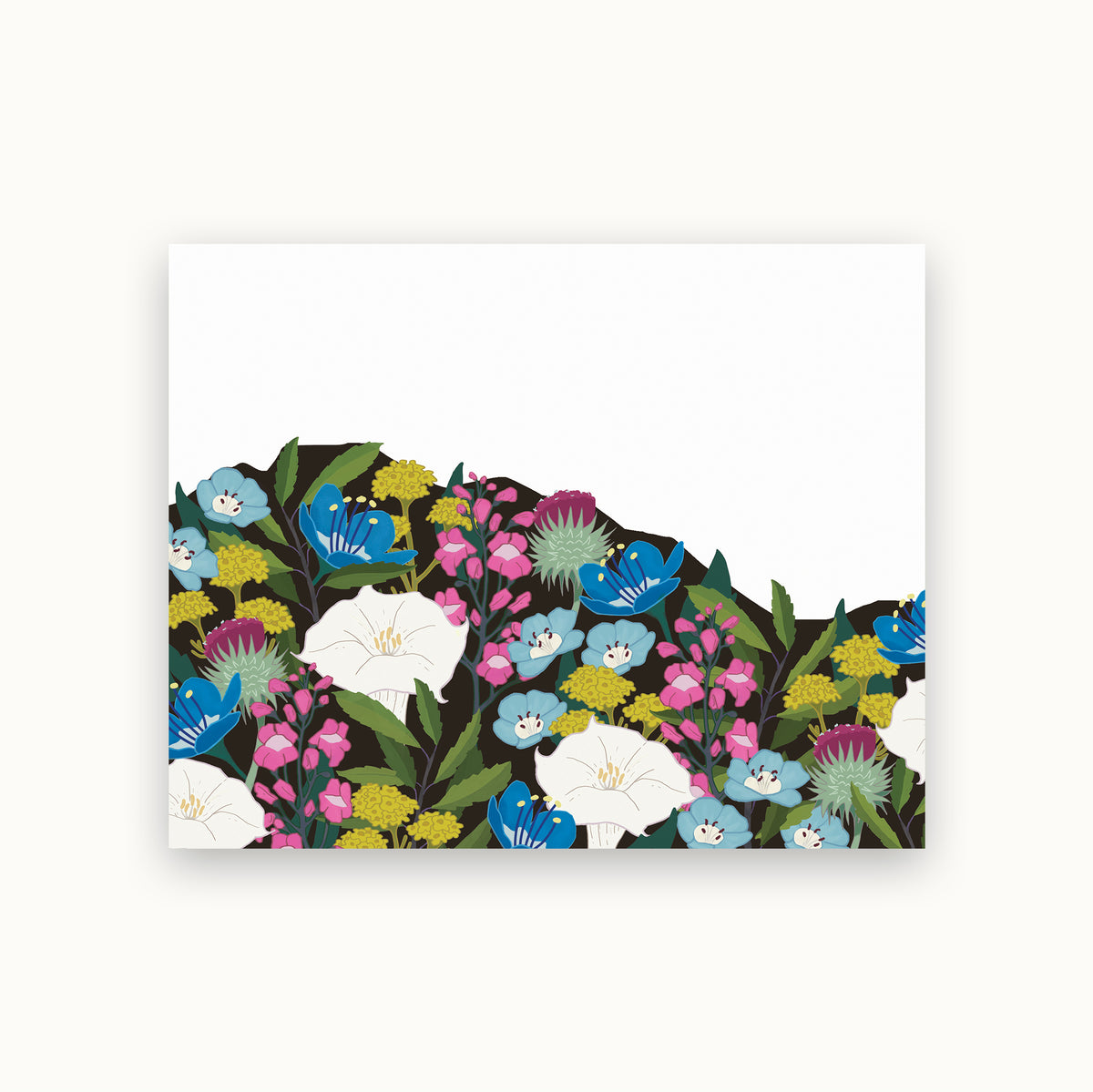 Hand-illustrated notecard with a floral landscape of California native wildflowers, including white and pink blooms.