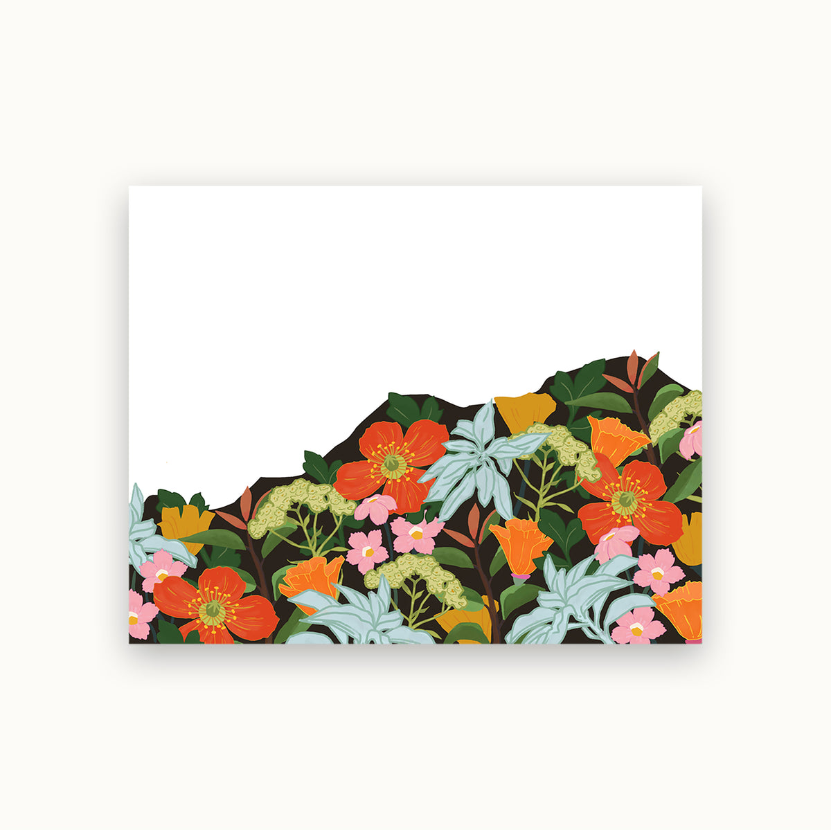 Hand-illustrated notecard with a floral mountain landscape of California native wildflowers