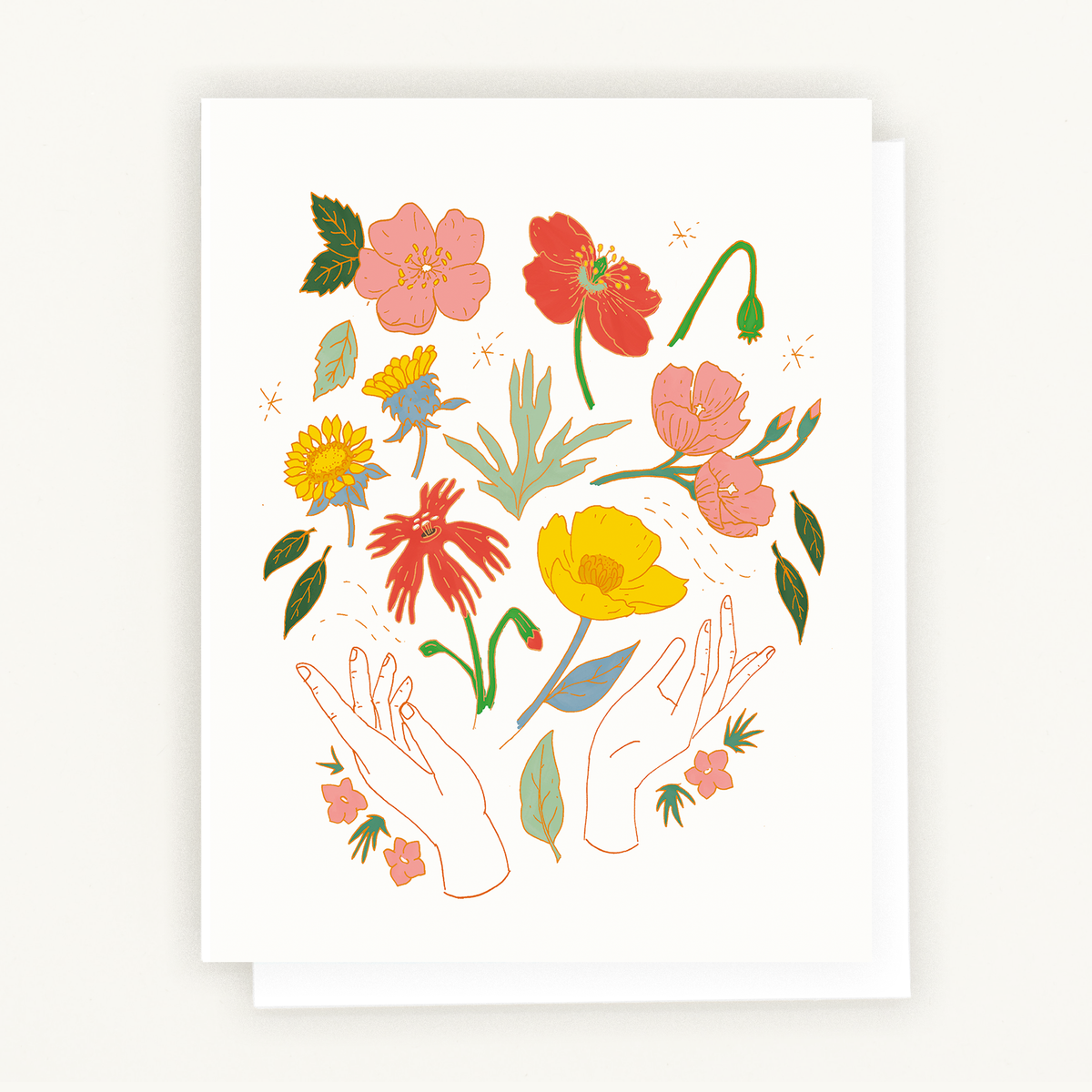 Hands Notecard featuring California wildflowers cradled in elegant hands illustration