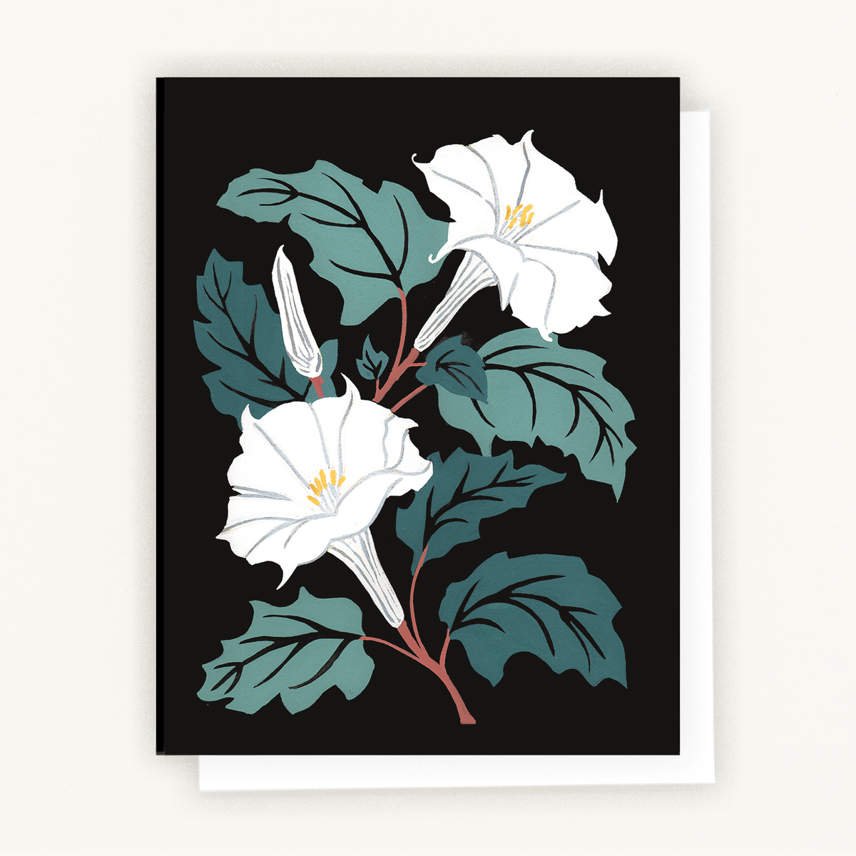 Sacred Datura Notecard featuring a botanical illustration of white flowers and green leaves on a black background