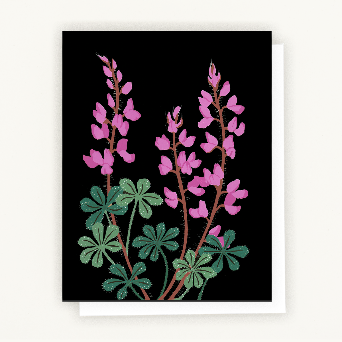 Stinging Lupine Wildflower Notecard with a botanical illustration of pink lupines and green leaves on a black background.
