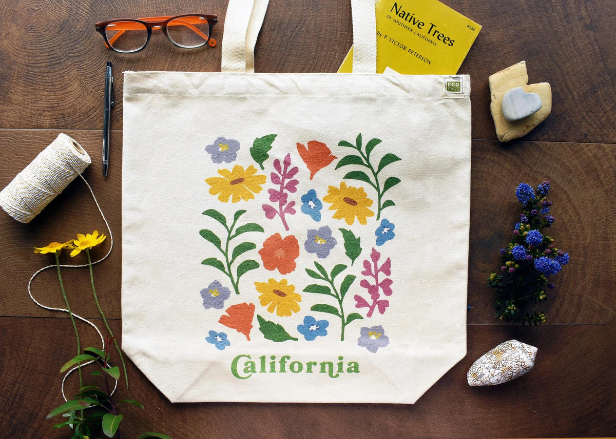 Flat-lay of the Wildflowers Tote showing its spacious interior and vibrant floral artwork.