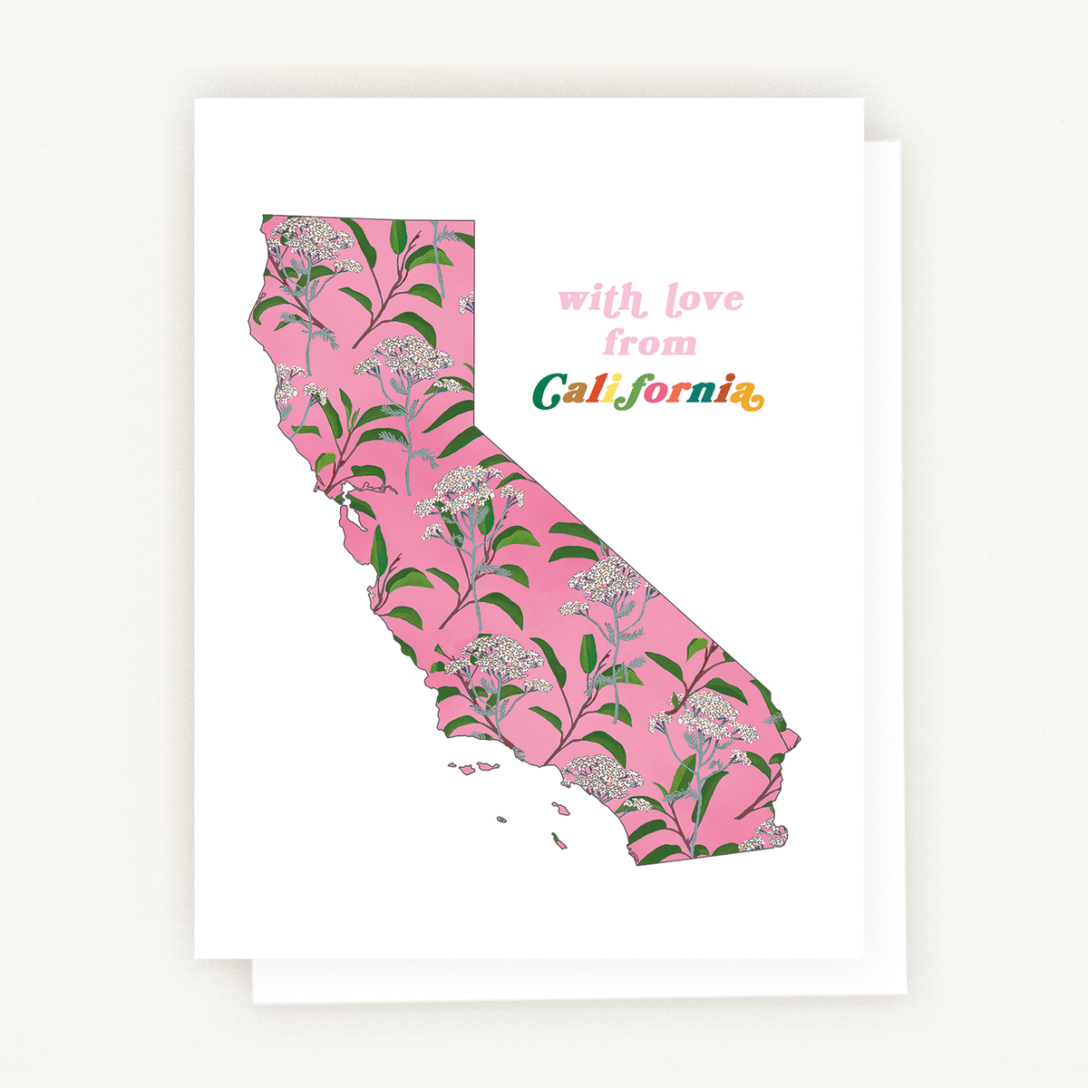 With Love Notecard featuring a botanical illustration of California Poppies and green text that says "With Love"