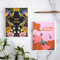 "happy holidays" and "joy" greeting cards